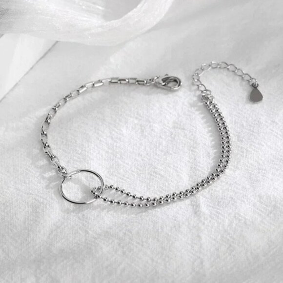925 Sterling Silver Dainty Beaded Chain Link Circle Bracelet - Picture 2 of 7